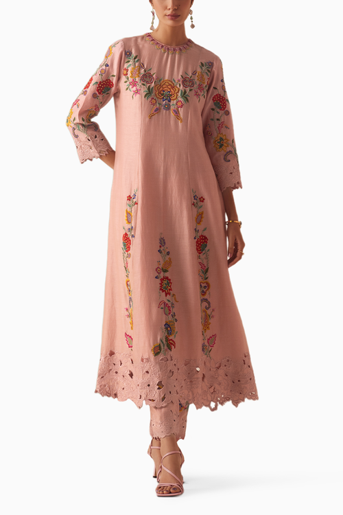 Old Rose Embroidered Flared Kurta With Embroidered Pants