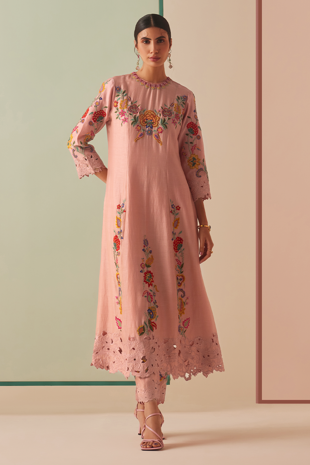 Old Rose Embroidered Flared Kurta With Embroidered Pants