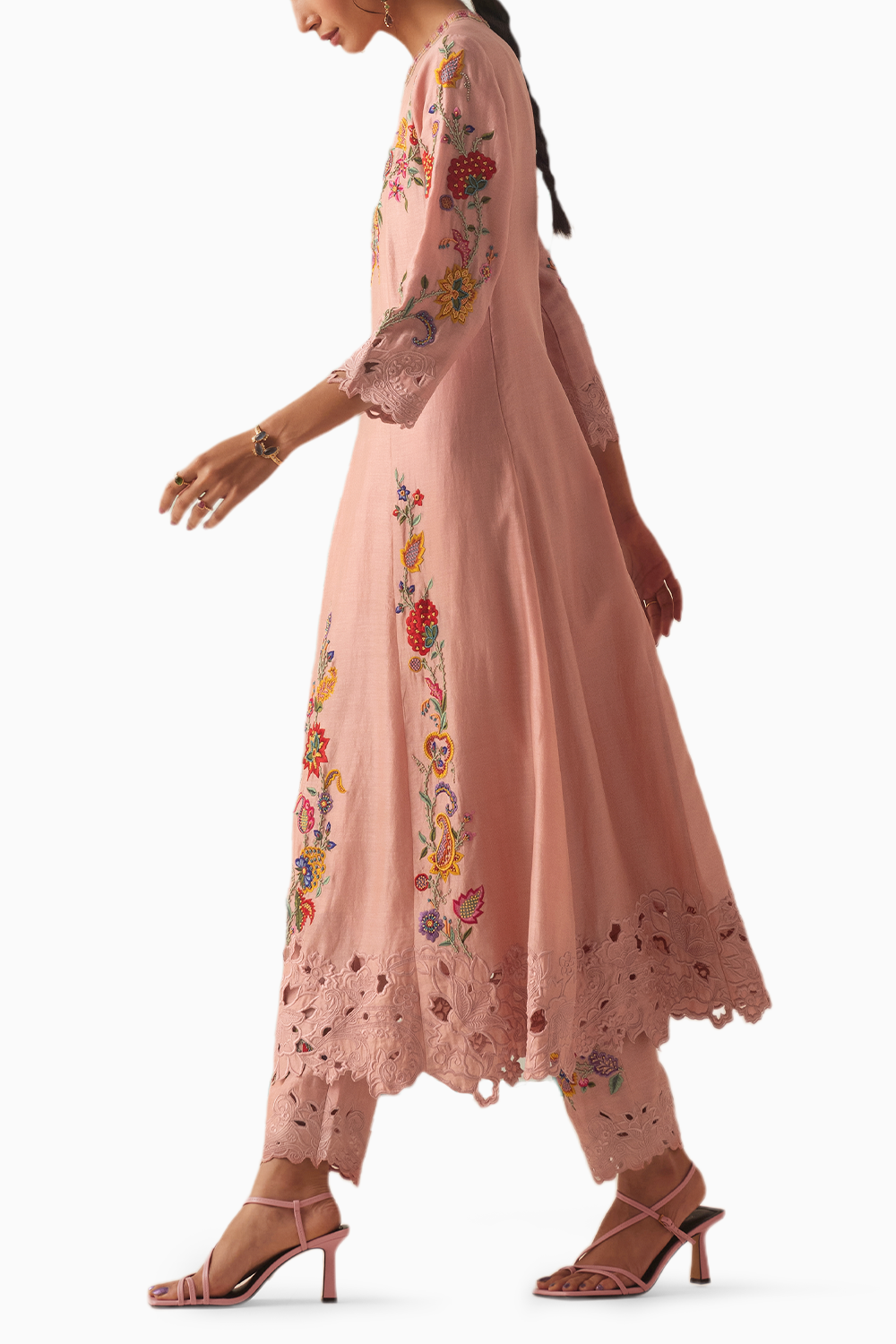 Old Rose Embroidered Flared Kurta With Embroidered Pants