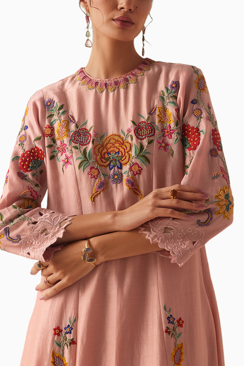 Old Rose Embroidered Flared Kurta With Embroidered Pants