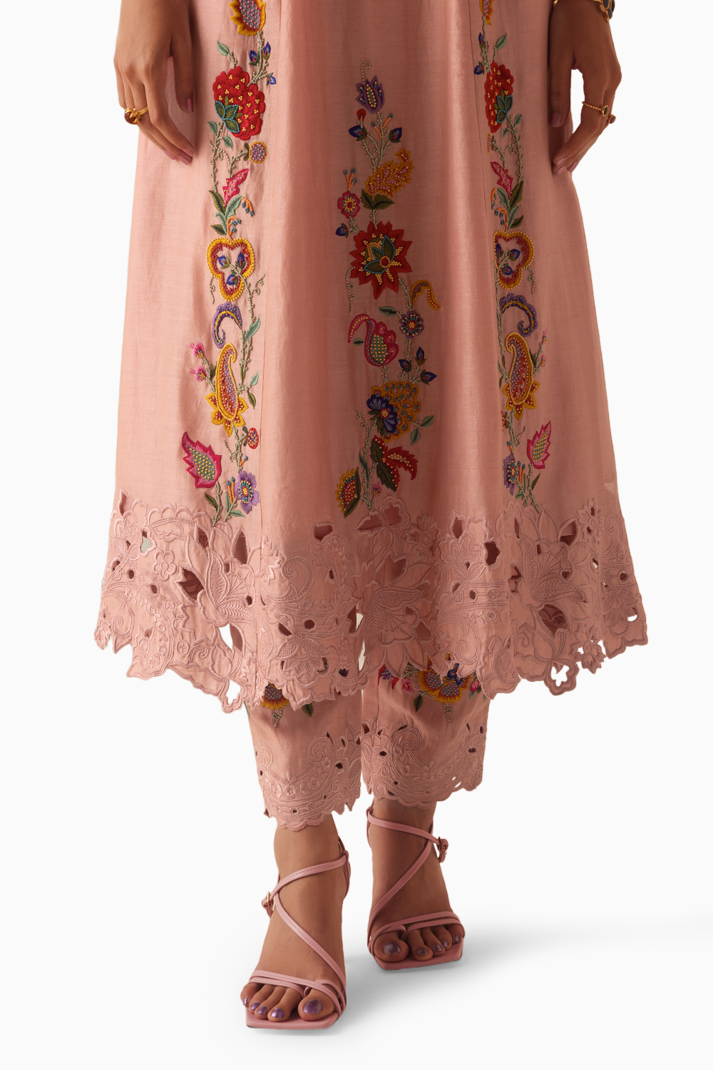 Old Rose Embroidered Flared Kurta With Embroidered Pants