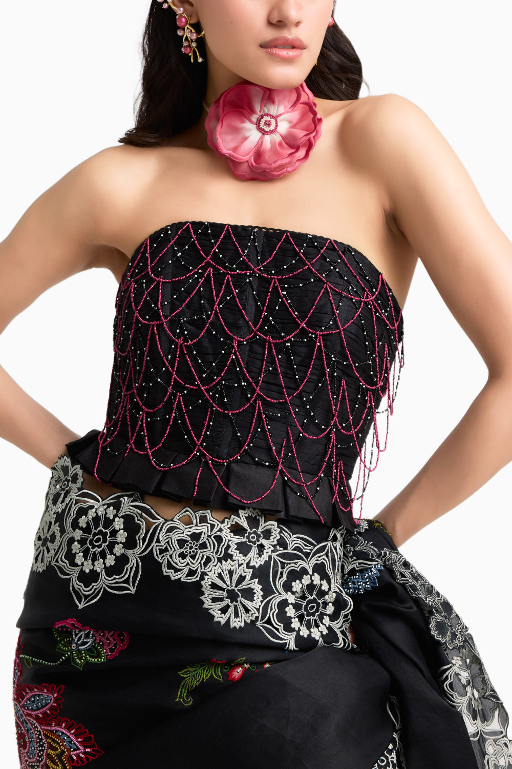 Black Embroidered Cutwork Sari with Corset