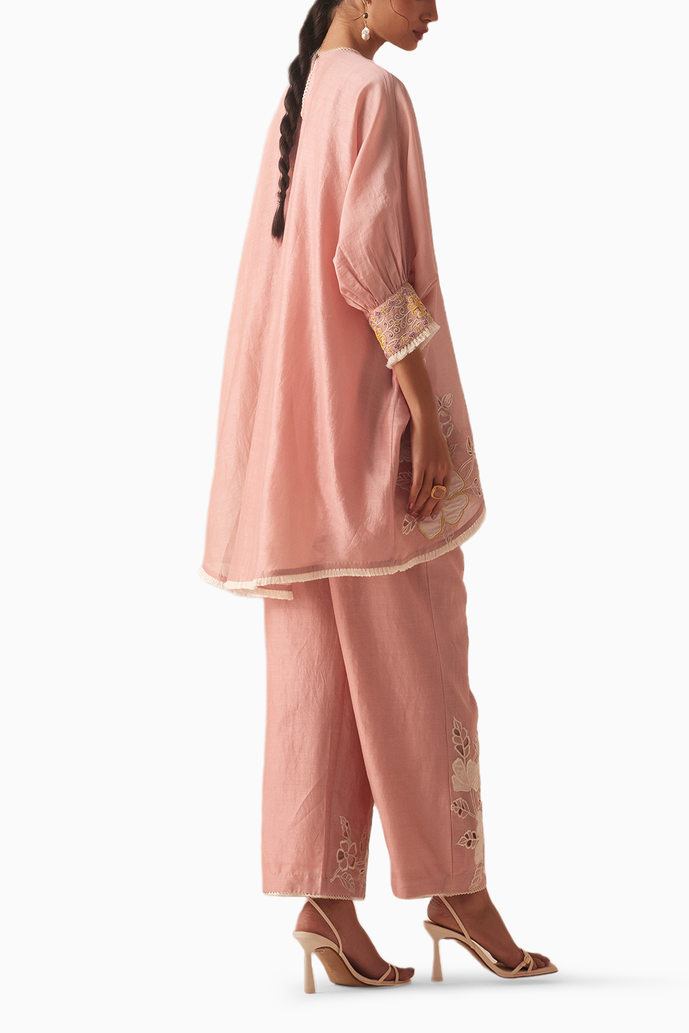 Old Rose Contrast Applique And Cordwork Kurta With Pants