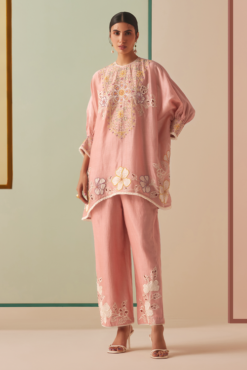 Old Rose Contrast Applique And Cordwork Kurta With Pants