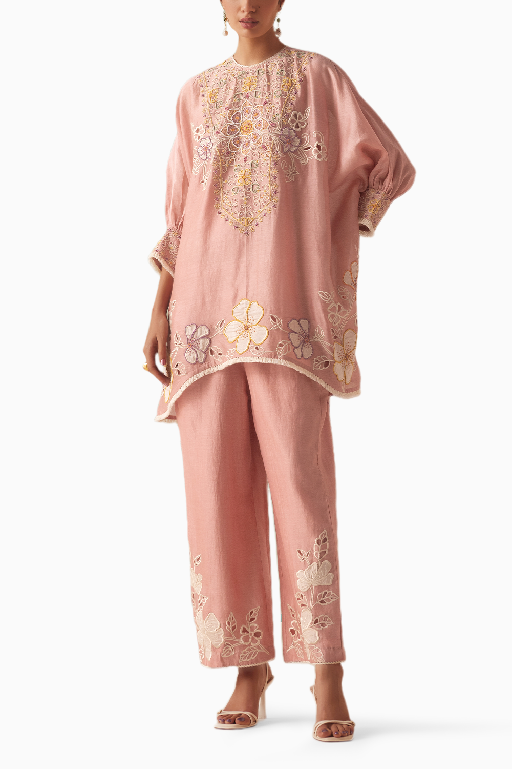 Old Rose Contrast Applique And Cordwork Kurta With Pants