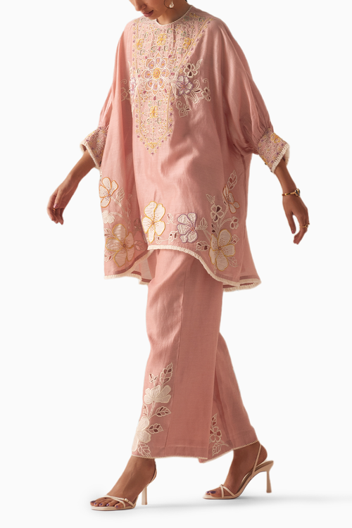 Old Rose Contrast Applique And Cordwork Kurta With Pants