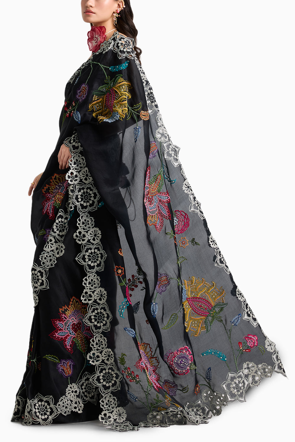 Black Embroidered Cutwork Sari