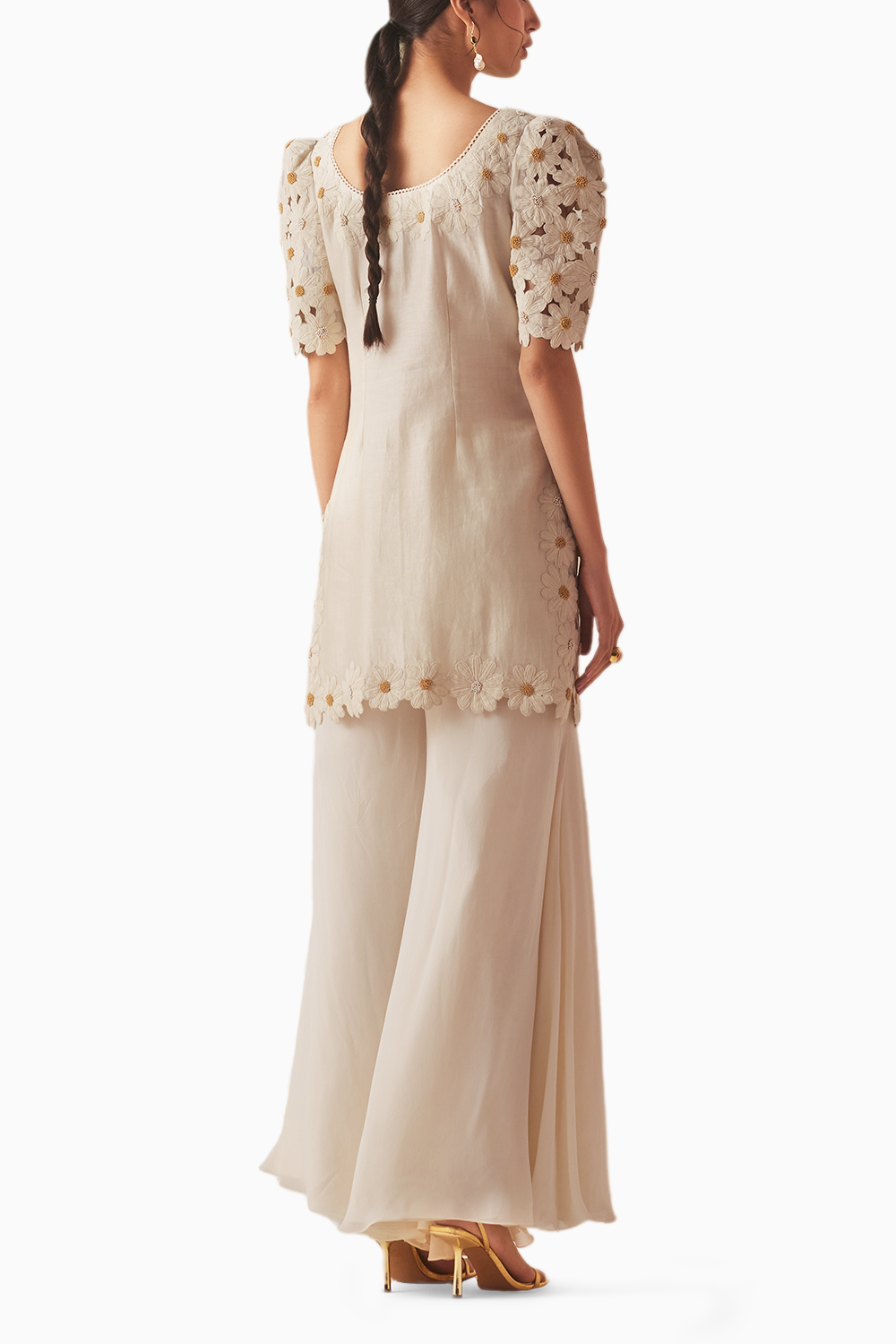 Ivory Daisy Applique Kurta With Flared Sharara Pants