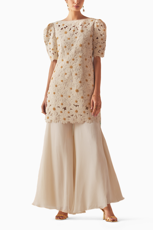 Ivory Daisy Applique Kurta With Flared Sharara Pants