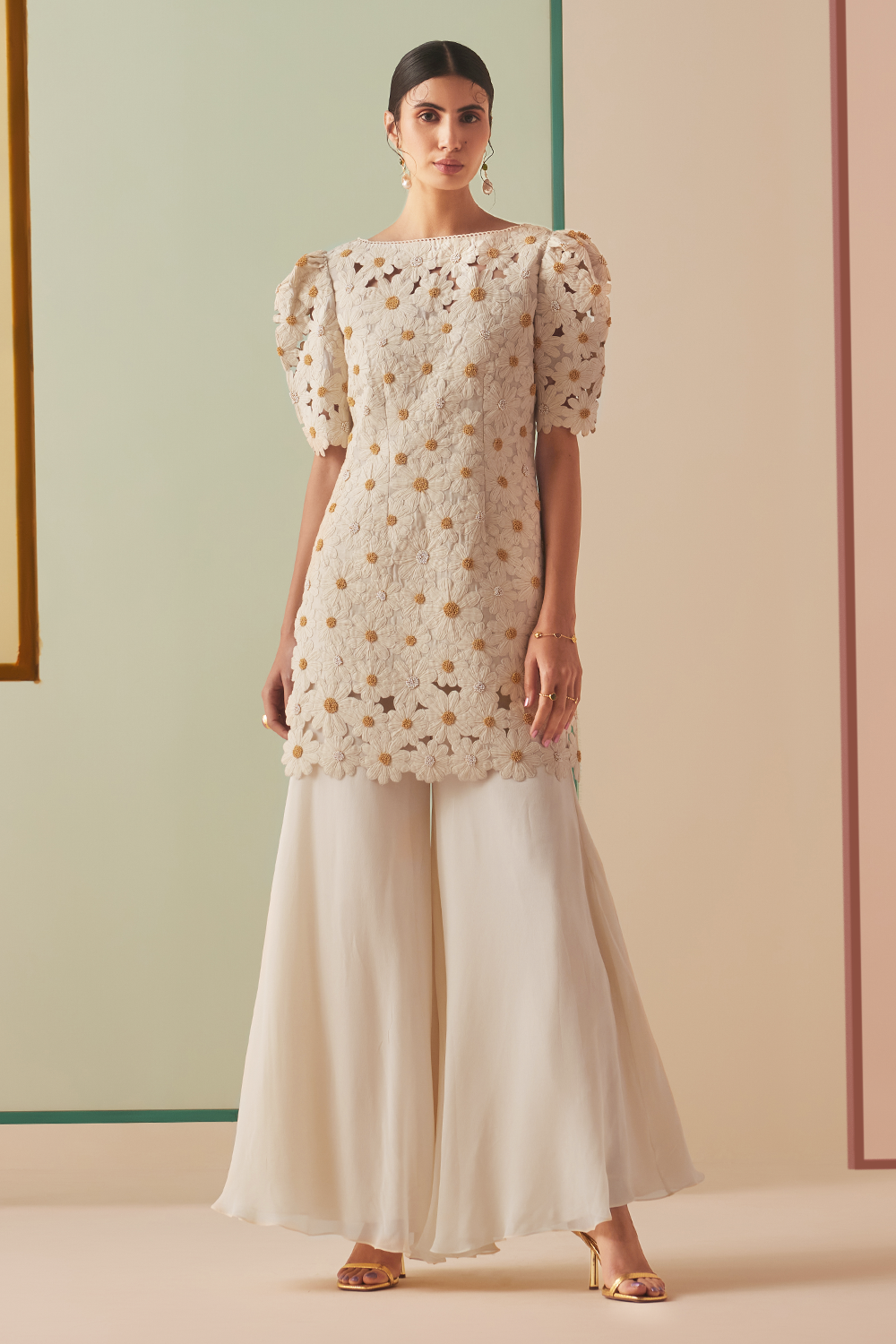 Ivory Daisy Applique Kurta With Flared Sharara Pants