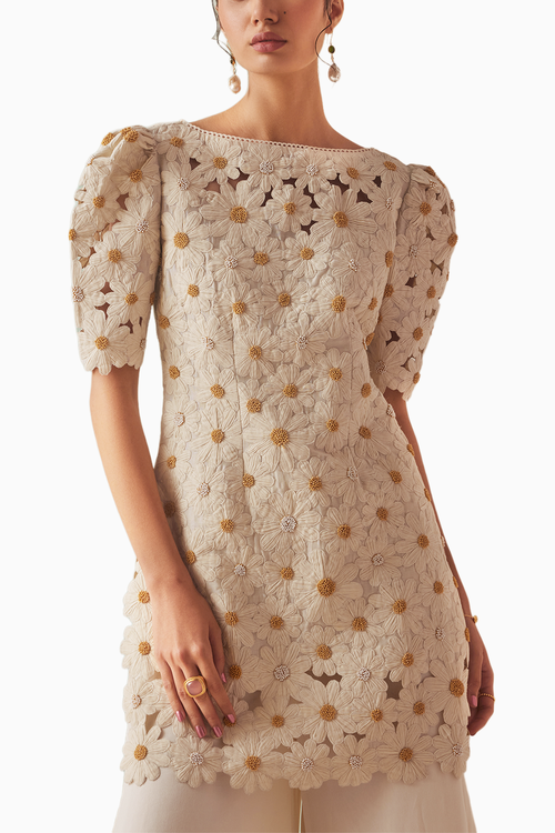 Ivory Daisy Applique Kurta With Flared Sharara Pants