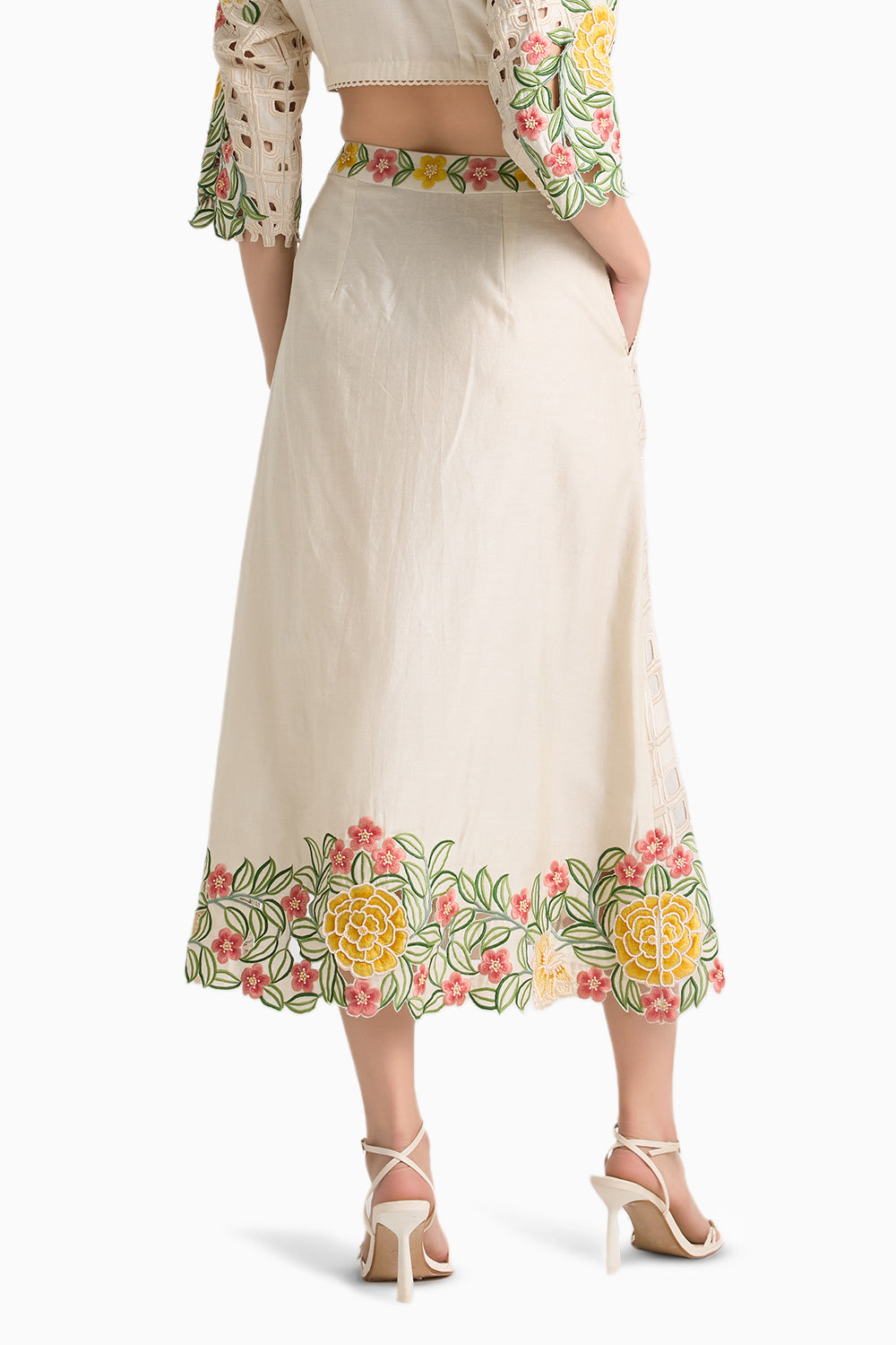 Ivory Floral Cutwork Buttondown Skirt