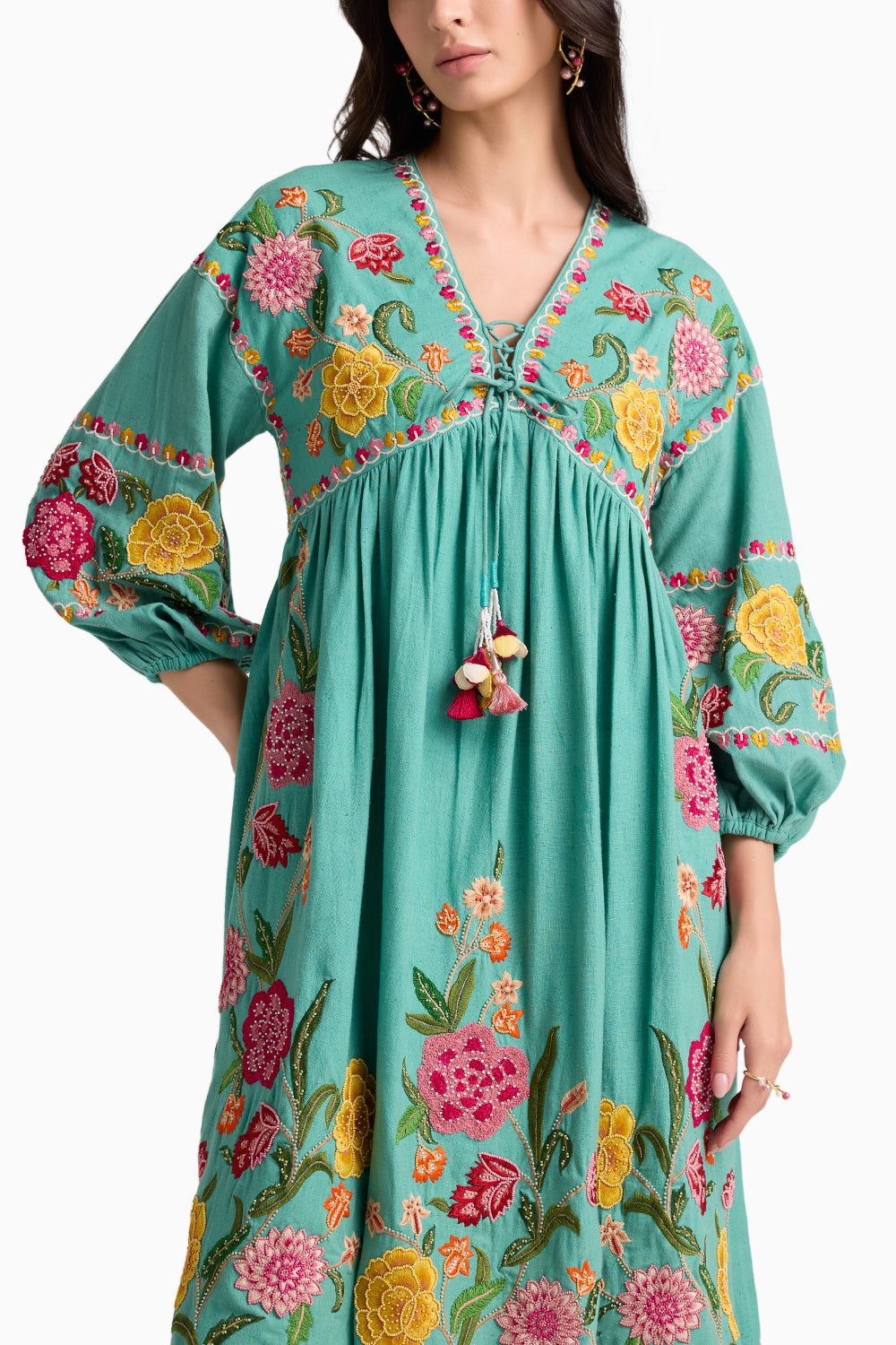 Aqua Embroidered Gathered Dress