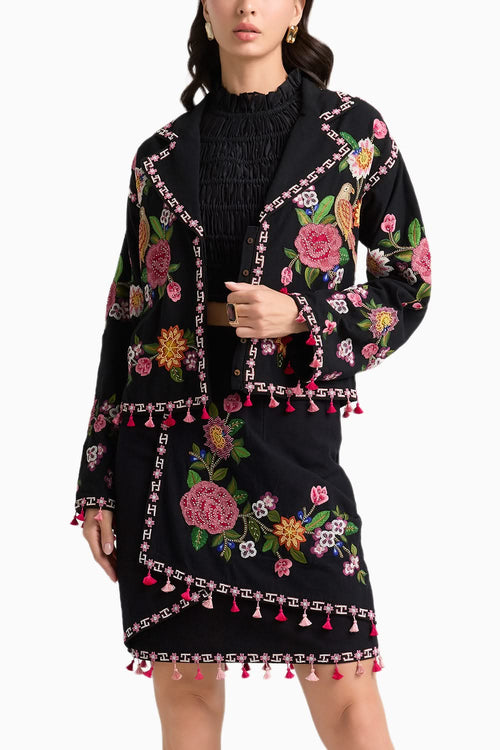 Black Floral Threadwork Coord Set