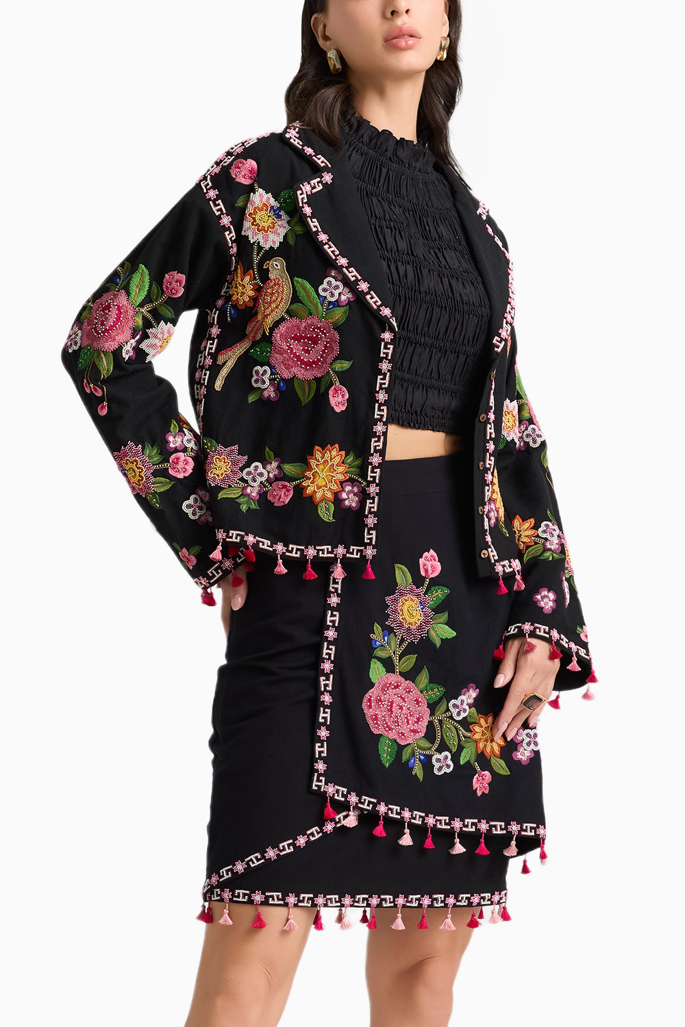 Black Floral Threadwork Coord Set