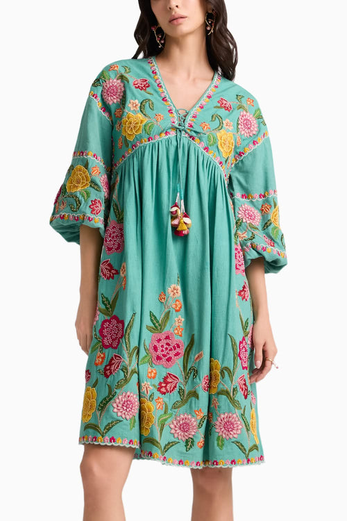 Aqua Embroidered Gathered Dress