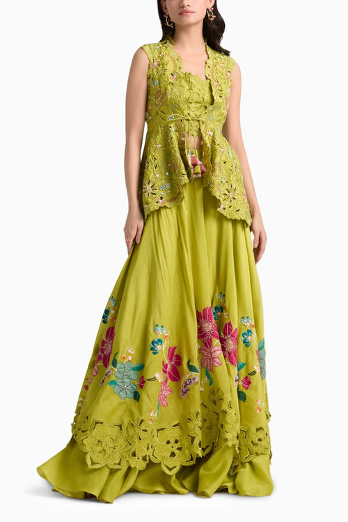 Lime Green Floral Applique Layered Lehenga Set