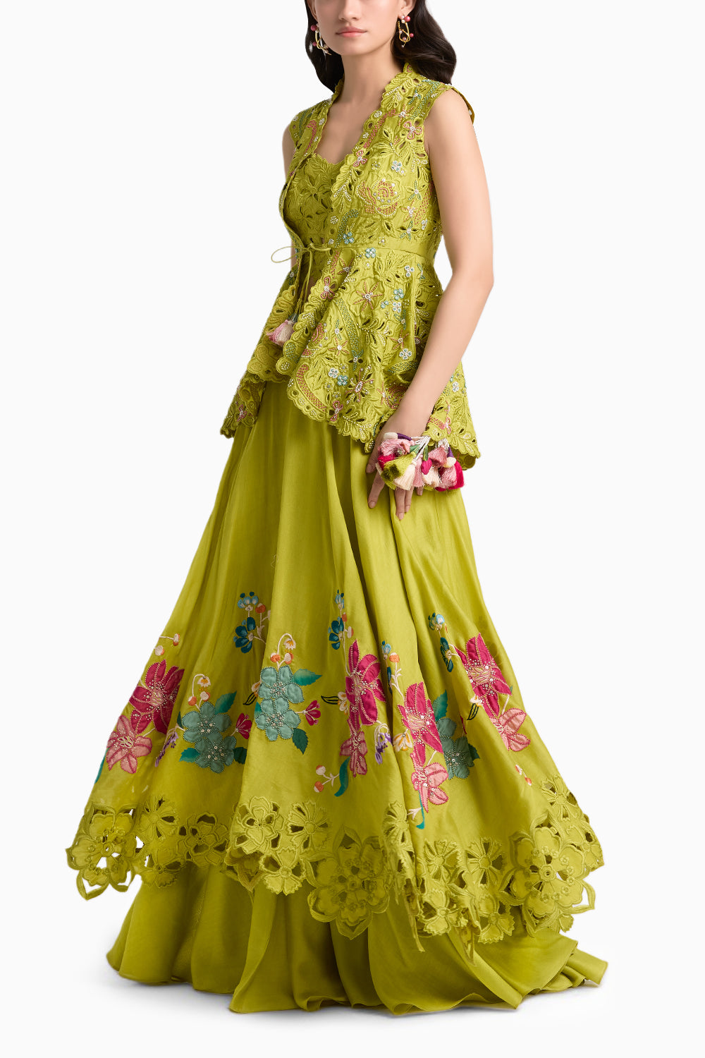 Lime Green Floral Applique Layered Lehenga Set