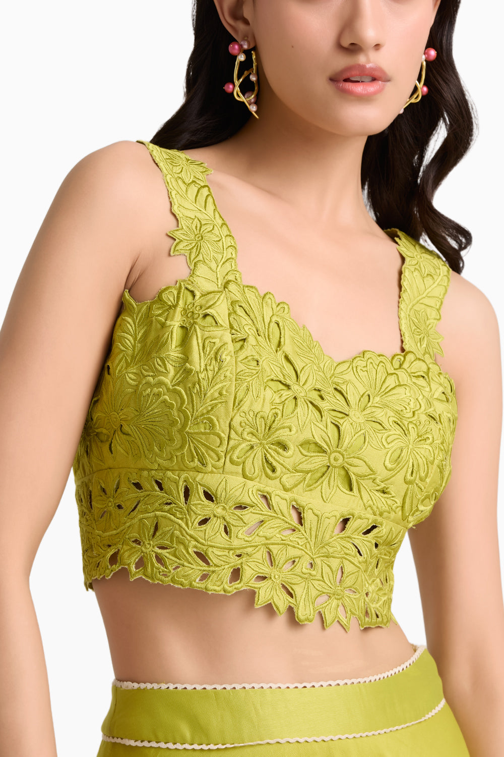 Lime Green Floral Applique Layered Lehenga Set