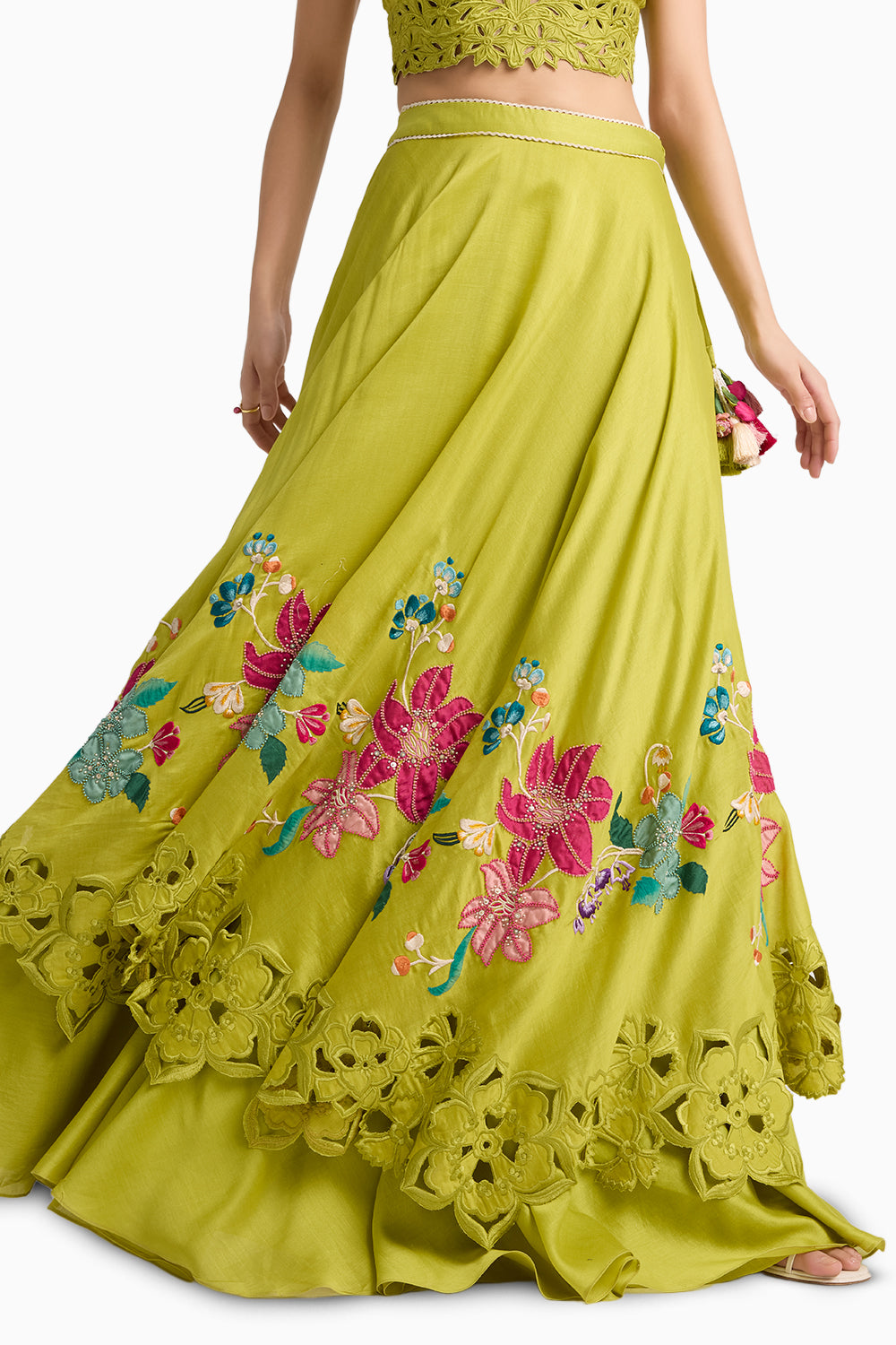 Lime Green Floral Applique Layered Lehenga Set