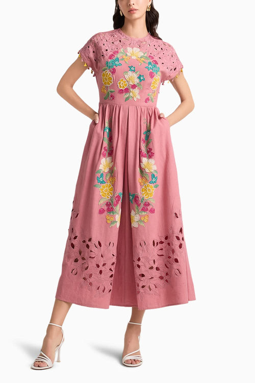 Blush Floral Embroidered and Cutwork Midi Dress