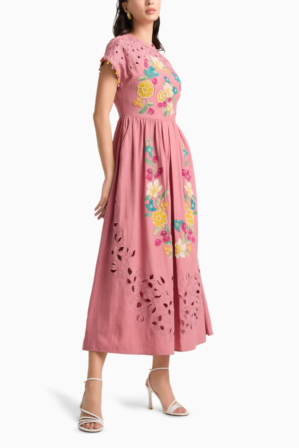 Blush Floral Embroidered and Cutwork Midi Dress