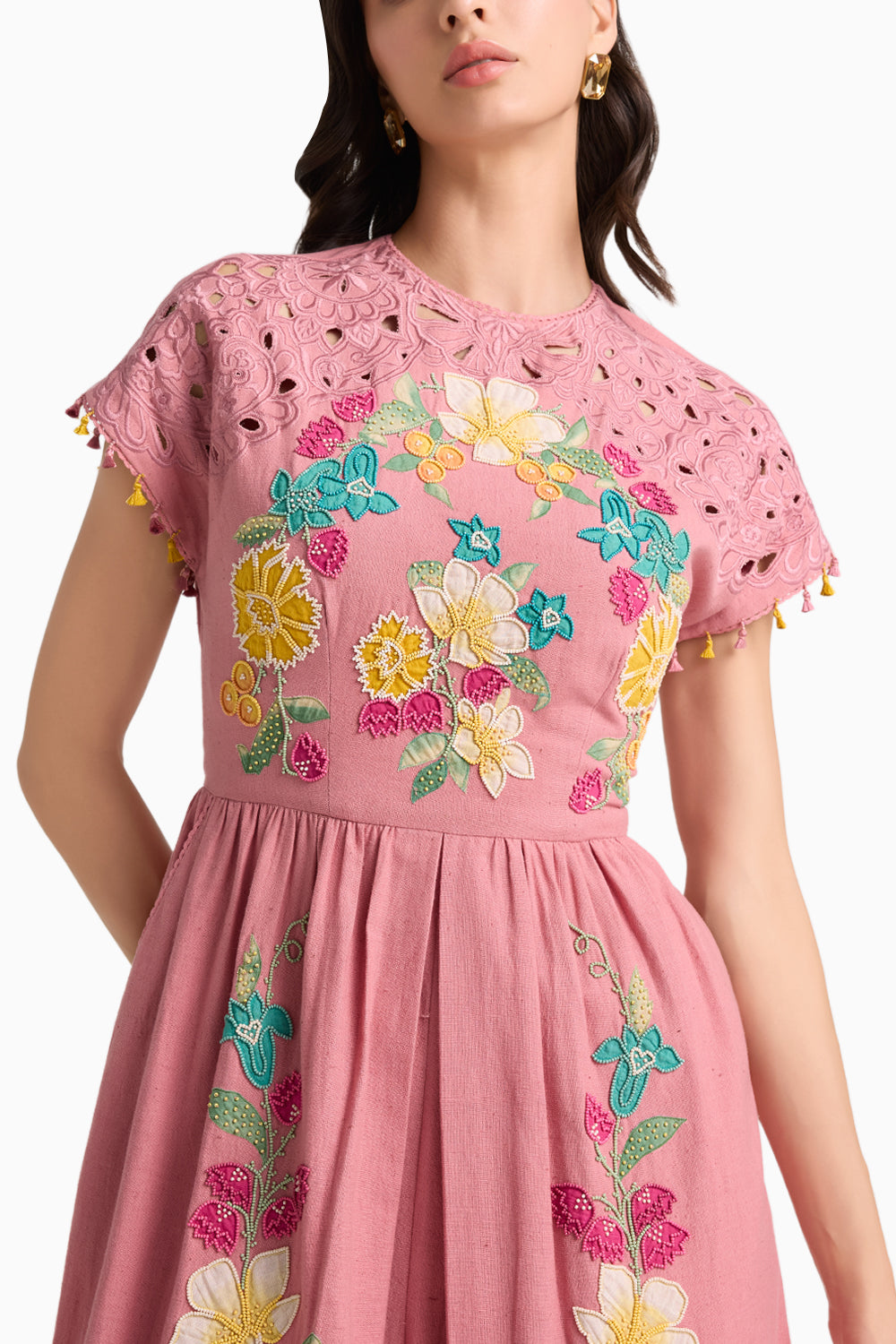 Blush Floral Embroidered and Cutwork Midi Dress