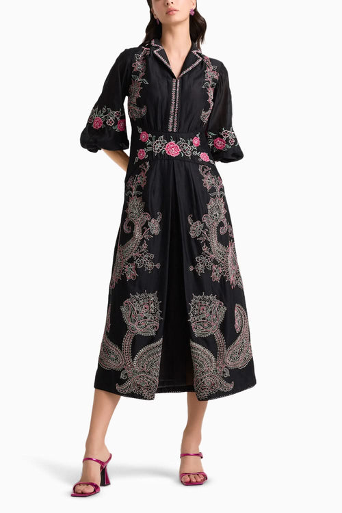 Black Contrast Embroidered Dress