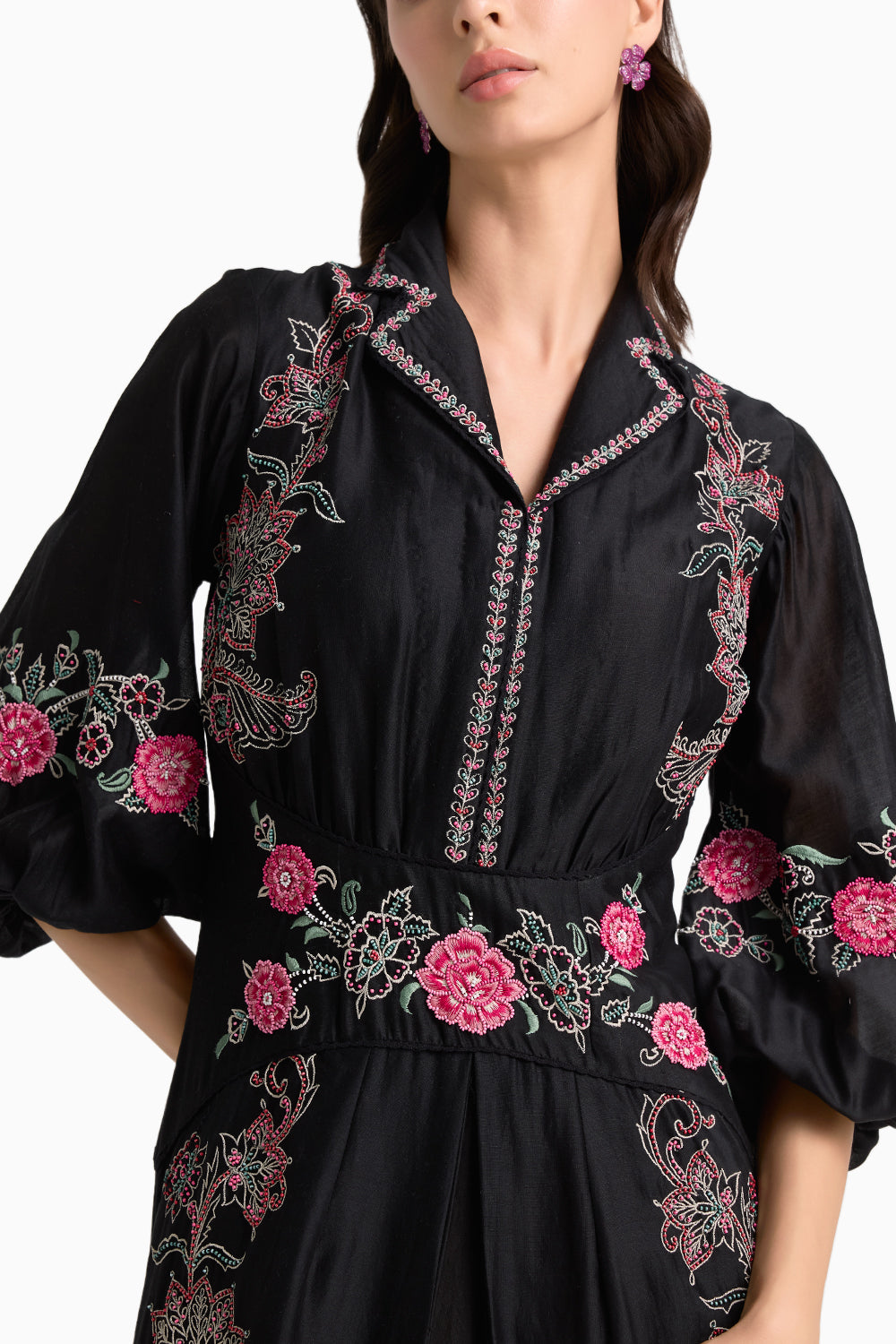 Black Contrast Embroidered Dress