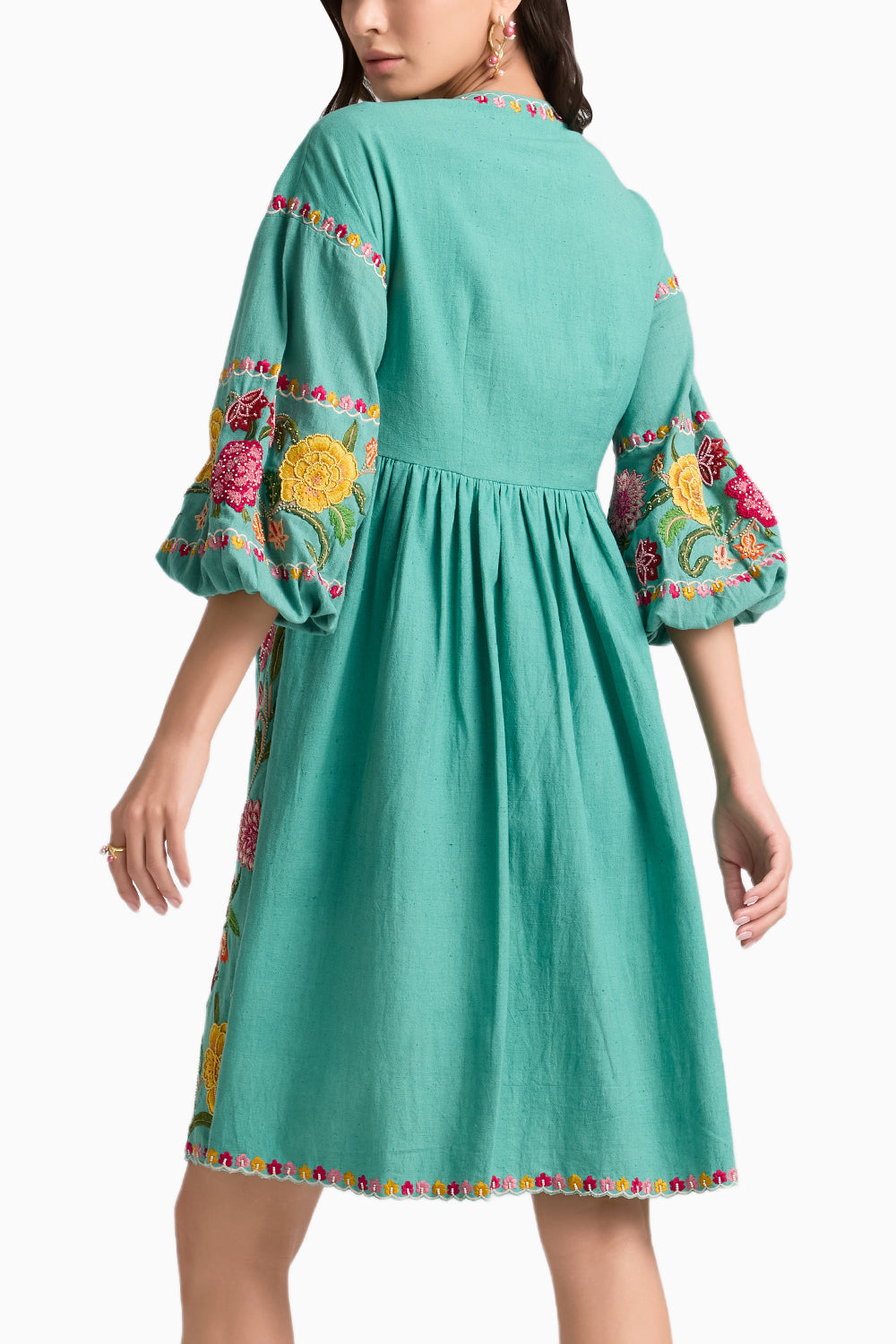 Aqua Embroidered Gathered Dress