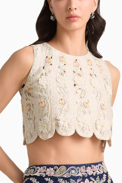 Ivory 3D Floral and Cutwork Panelled Top