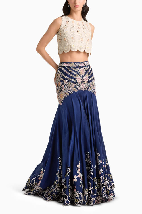 Indigo Cordwork Yoke Detail Lehenga Set