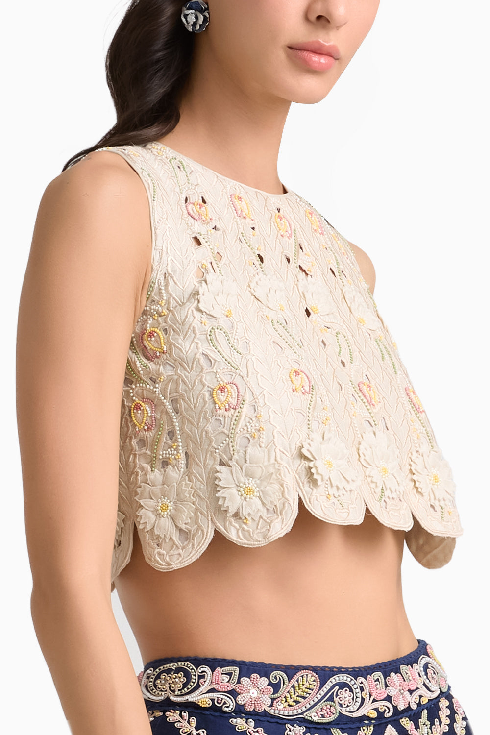 Ivory 3D Floral and Cutwork Panelled Top