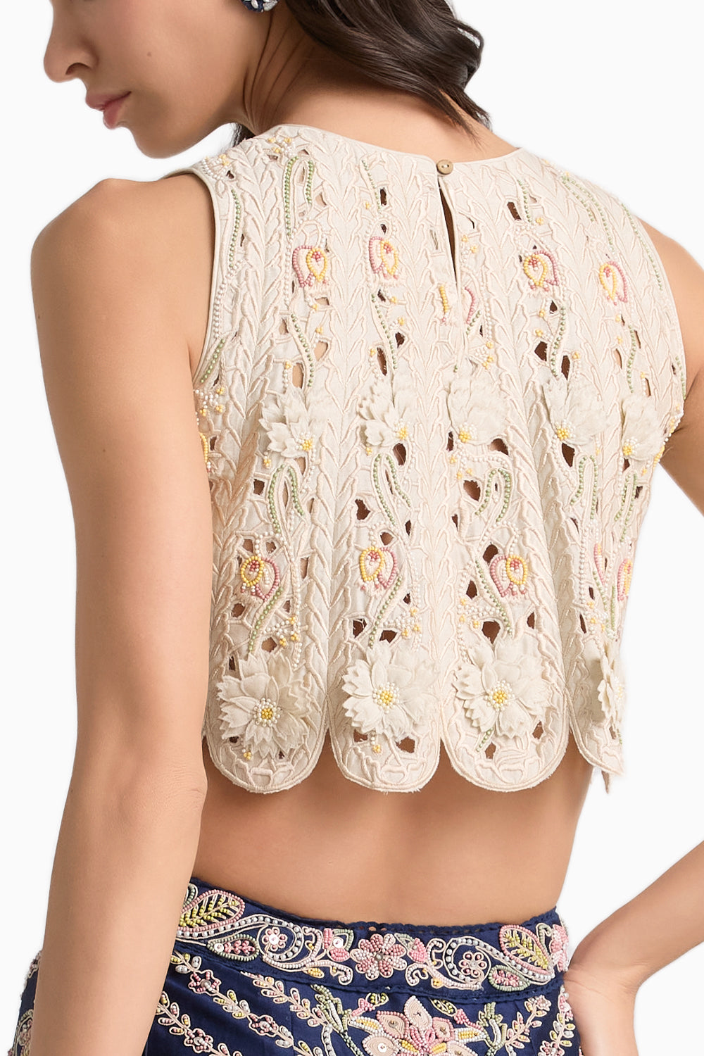 Ivory 3D Floral and Cutwork Panelled Top