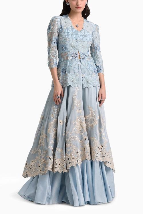 Powder Blue Cutwork Layered Lehenga Set