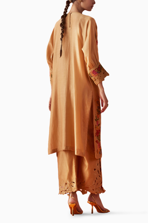 Beige Embroidered Kimono Kurta With Cutwork Pants