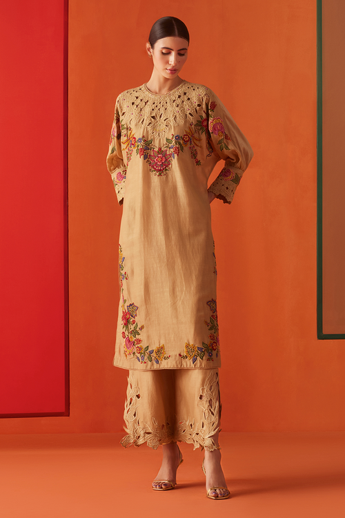 Beige Embroidered Kimono Kurta With Cutwork Pants
