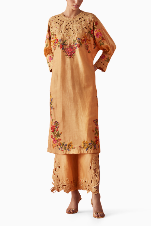 Beige Embroidered Kimono Kurta With Cutwork Pants