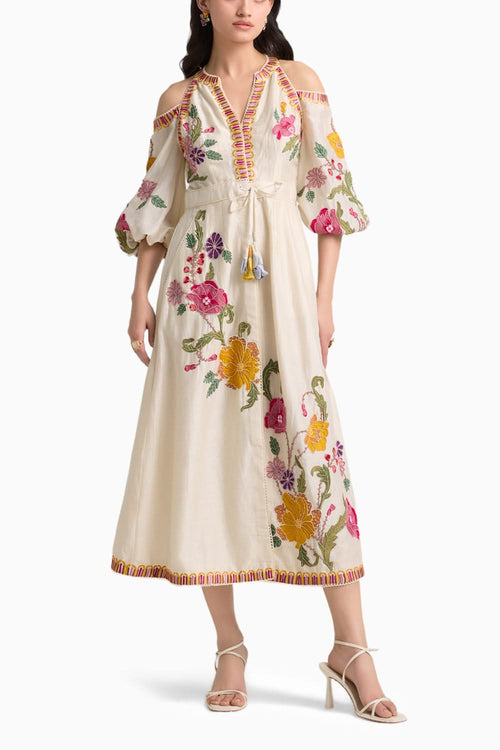 Ivory Floral Cold Shoulder Midi Dress