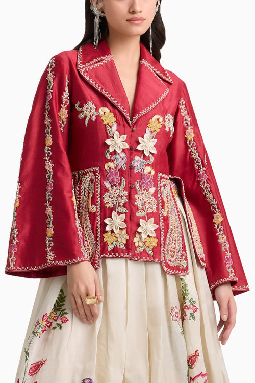 Red Embroidered Panelled Jacket