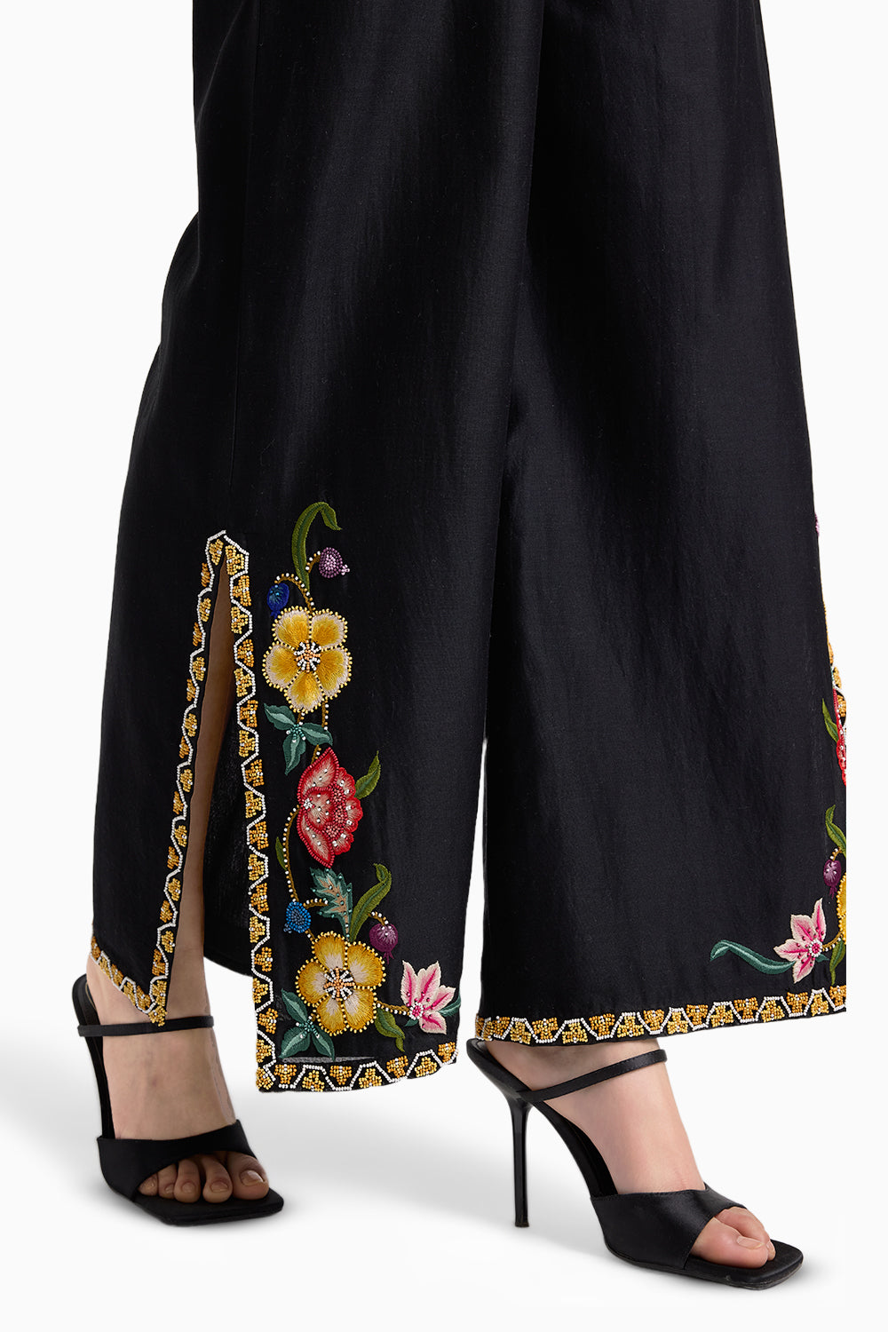 Black Floral Embroidered Flared Pants