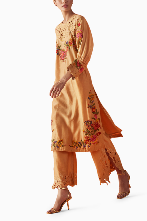 Beige Embroidered Kimono Kurta With Cutwork Pants