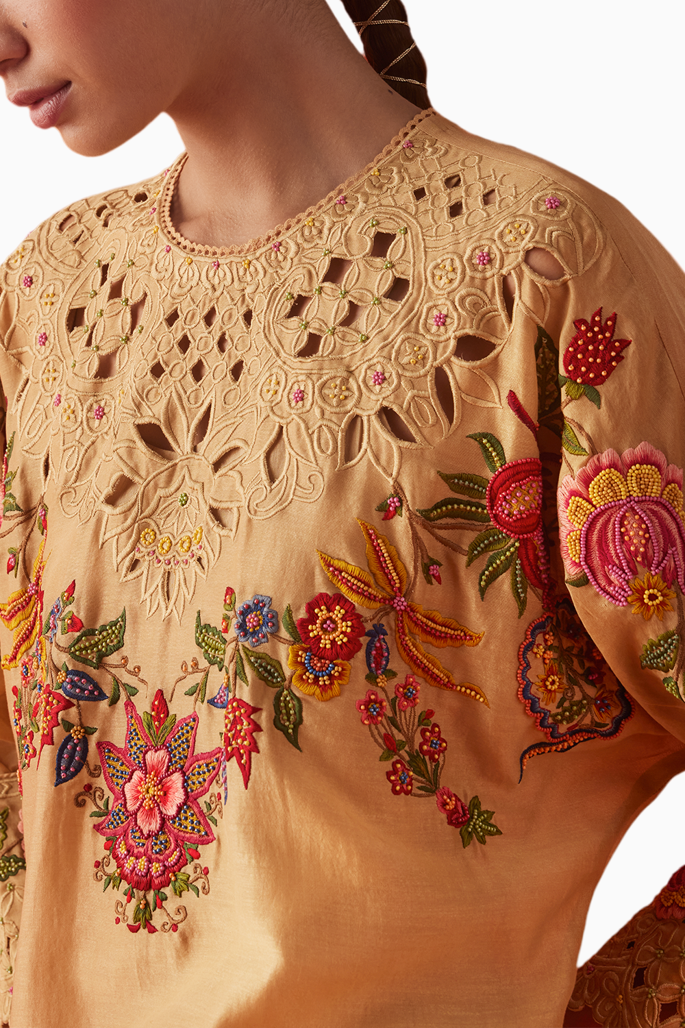 Beige Embroidered Kimono Kurta With Cutwork Pants