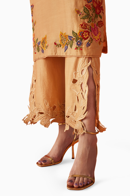 Beige Embroidered Kimono Kurta With Cutwork Pants