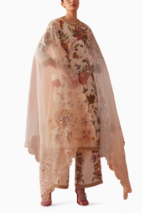 Ivory Allover Embroidered Kurta with Pants and Dupatta