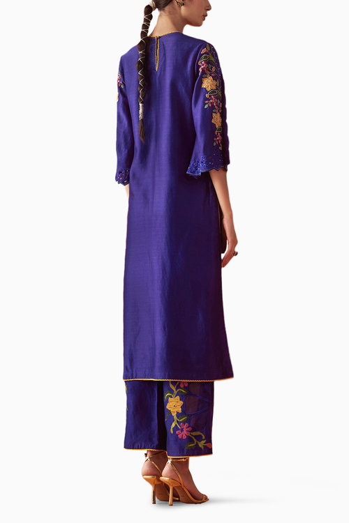 Cobalt Blue Applique And Beadwork Kurta with Pants and Dupatta