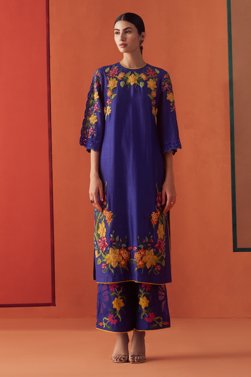 Cobalt Blue Applique And Beadwork Kurta with Pants