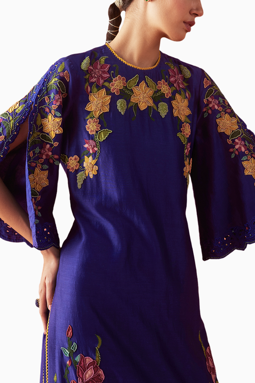 Cobalt Blue Applique And Beadwork Kurta with Pants