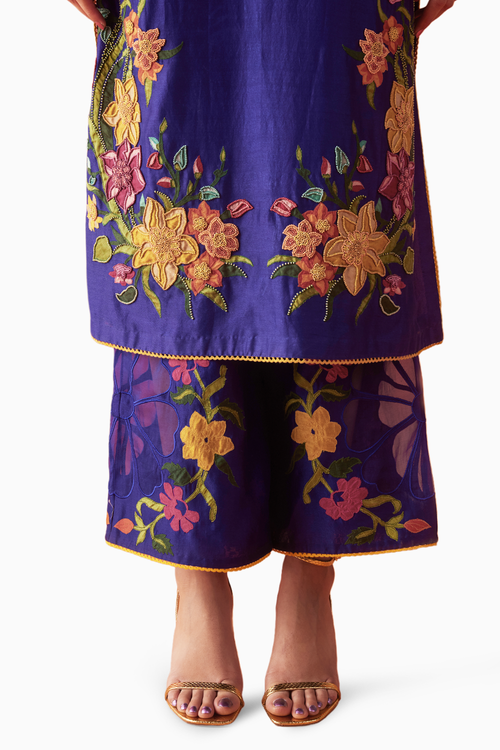 Cobalt Blue Applique And Beadwork Kurta with Pants and Dupatta