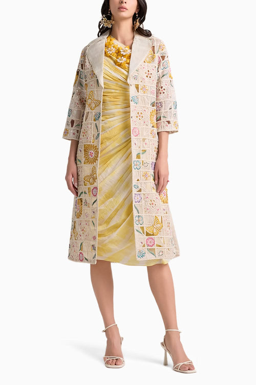 Ivory Floral Checkered Long Jacket